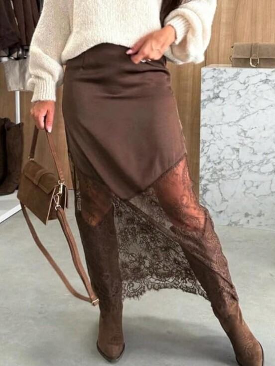Dresses & Skirts - Elegant Brown Satin Lace-Trim Midi Skirt Size XL NIP